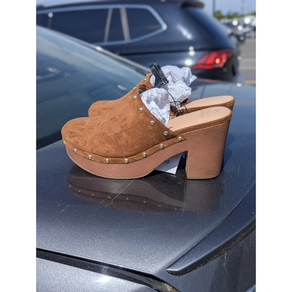 Boho Western Clog Mules Platform Studded Suede Chunky Heel Hippie Festival 10 - Picture 4 of 6